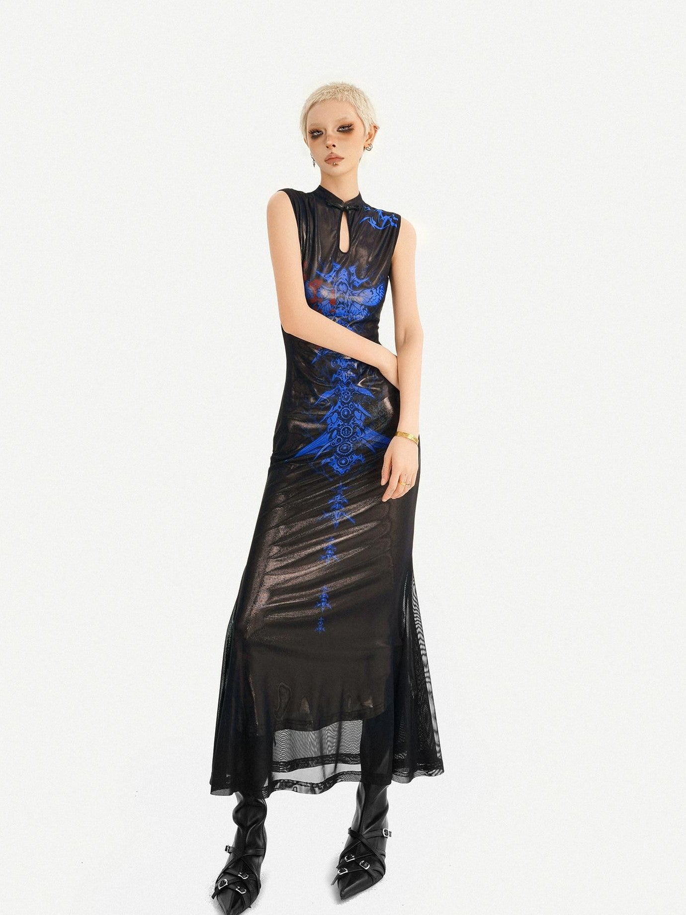 Nico Molly Black Blue Cyber Dark Cutout Stand Collar Fishtail Women's Casual Maxi Dresses