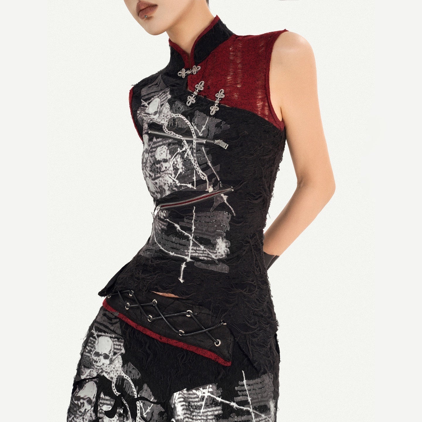 Nico_Molly_Black_Cheongsam_Gothic_Stand_Collar_Sleeveless_Women's_Top_&_Skirt_Sets_1032030150582_MISSTT