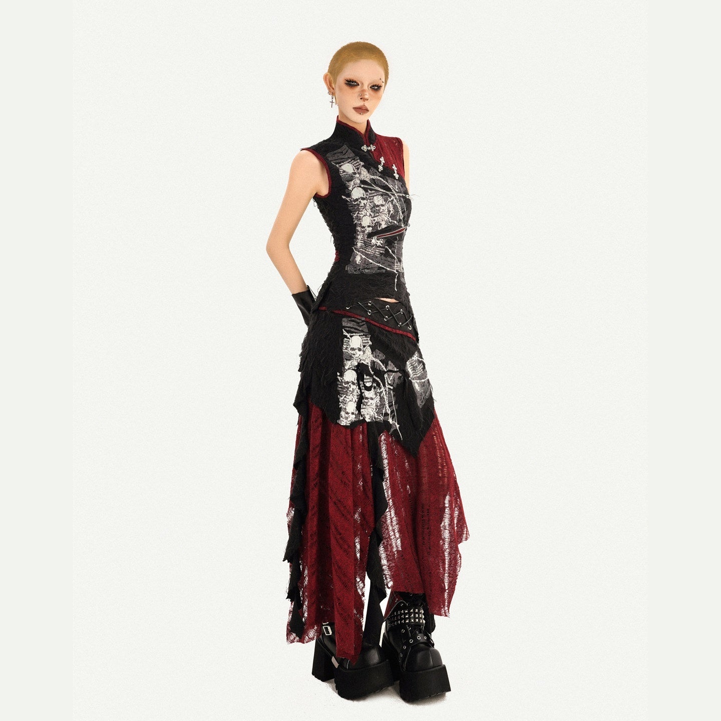 Nico_Molly_Black_Cheongsam_Gothic_Stand_Collar_Sleeveless_Women's_Top_&_Skirt_Sets_1032030150582_MISSTT