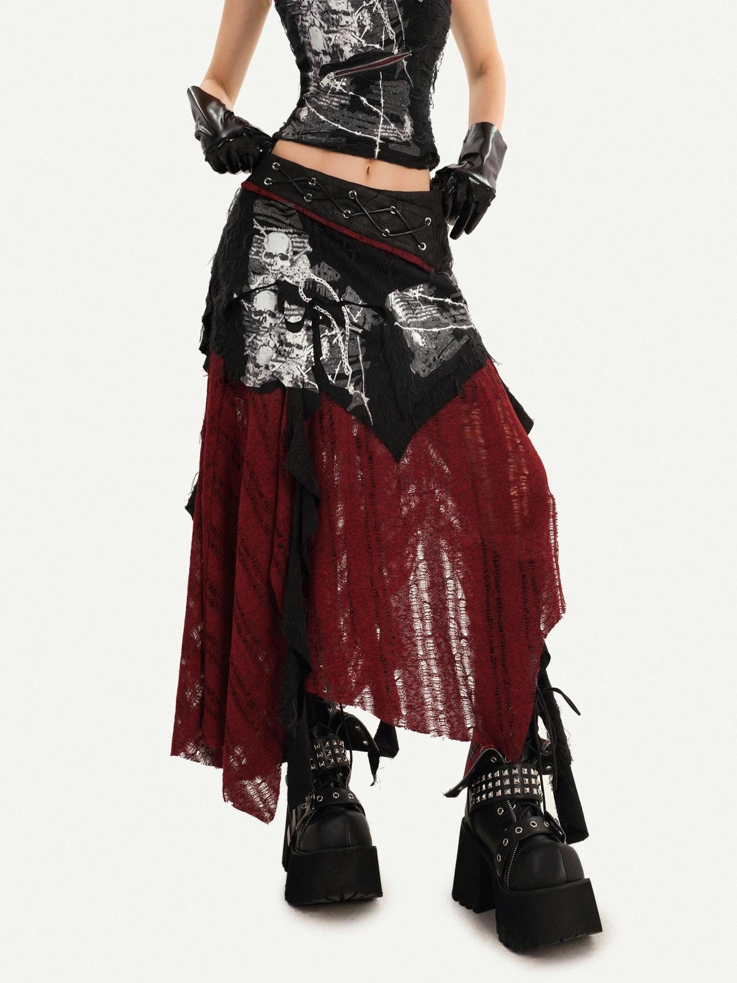Nico Molly Black Cheongsam Gothic Stand Collar Sleeveless Women's Top & Skirt Sets