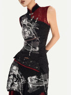 Nico Molly Black Cheongsam Gothic Stand Collar Sleeveless Women's Top & Skirt Sets