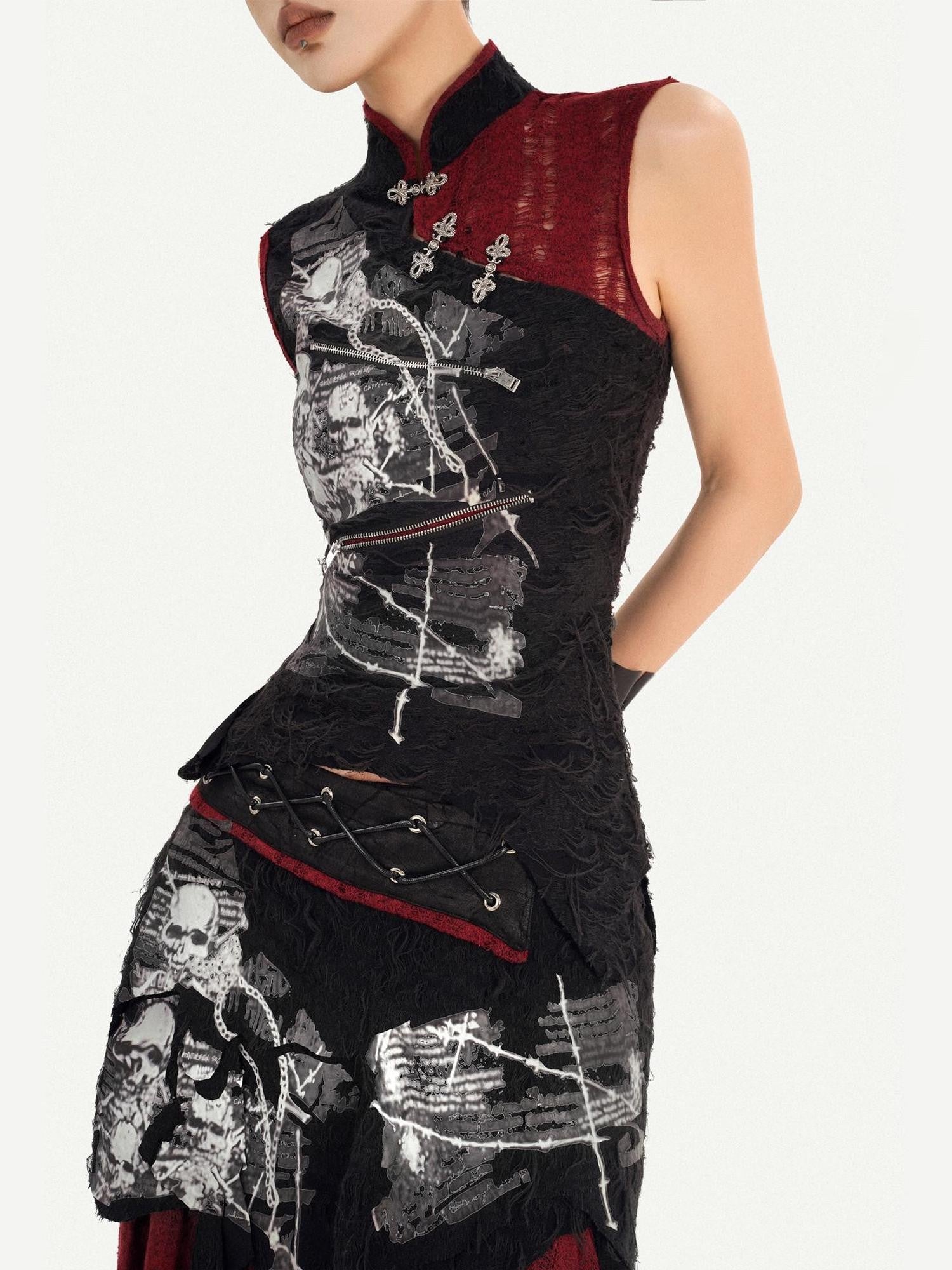Nico Molly Black Cheongsam Gothic Stand Collar Sleeveless Women's Top & Skirt Sets