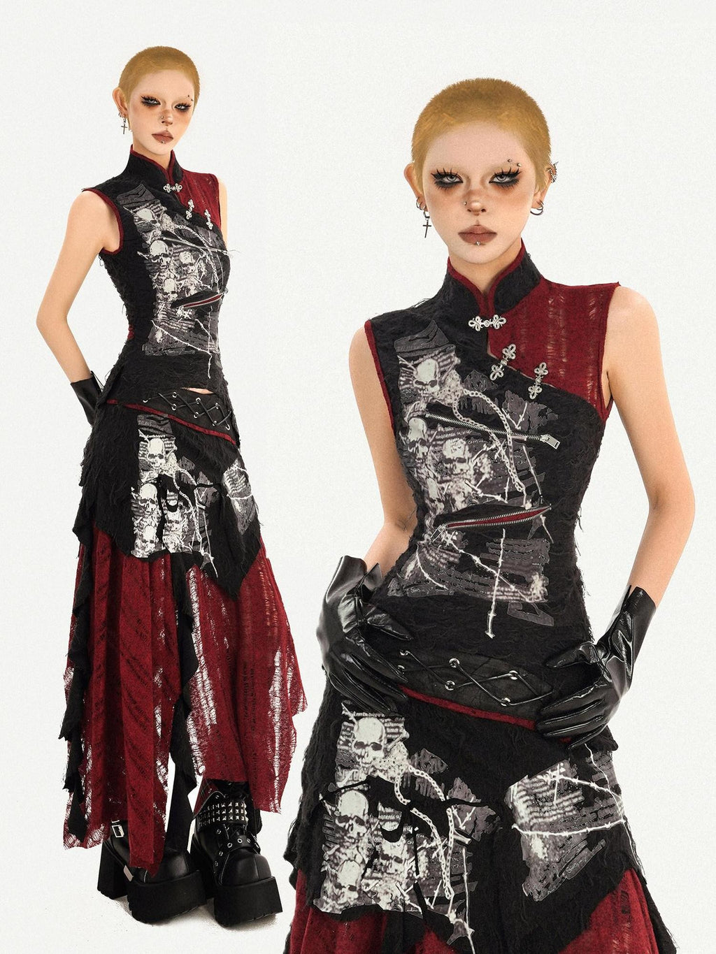 Nico Molly Black Cheongsam Gothic Stand Collar Sleeveless Women's Top & Skirt Sets