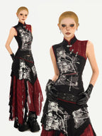 Nico Molly Black Cheongsam Gothic Stand Collar Sleeveless Women's Top & Skirt Sets