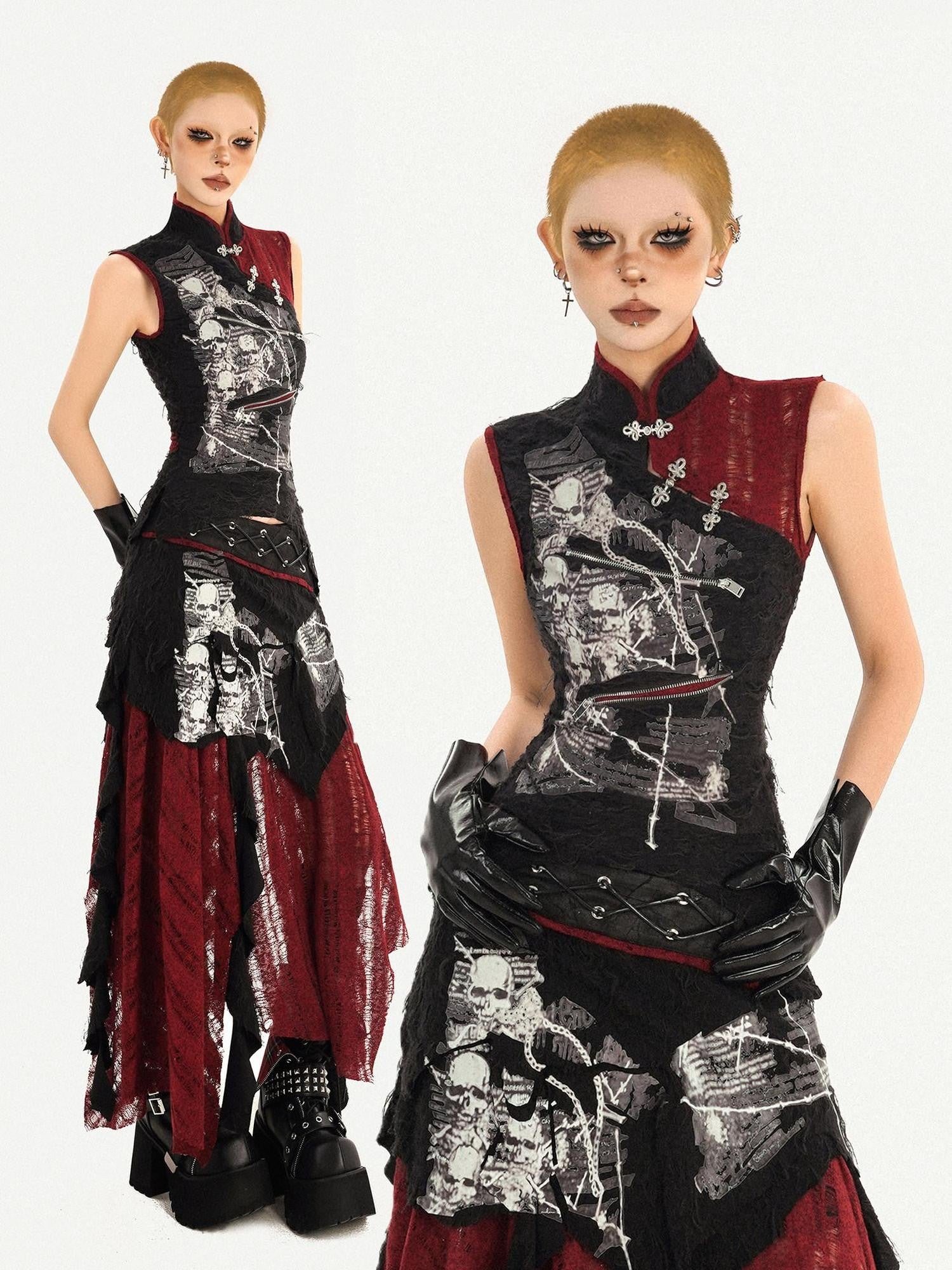 Nico Molly Black Cheongsam Gothic Stand Collar Sleeveless Women's Top & Skirt Sets