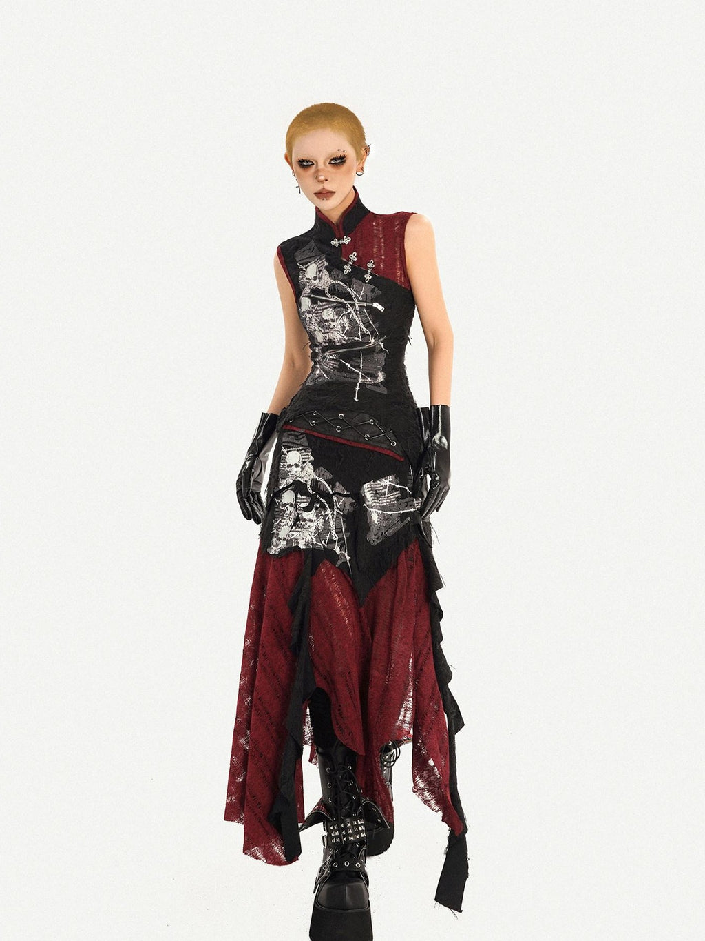 Nico Molly Black Cheongsam Gothic Stand Collar Sleeveless Women's Top & Skirt Sets