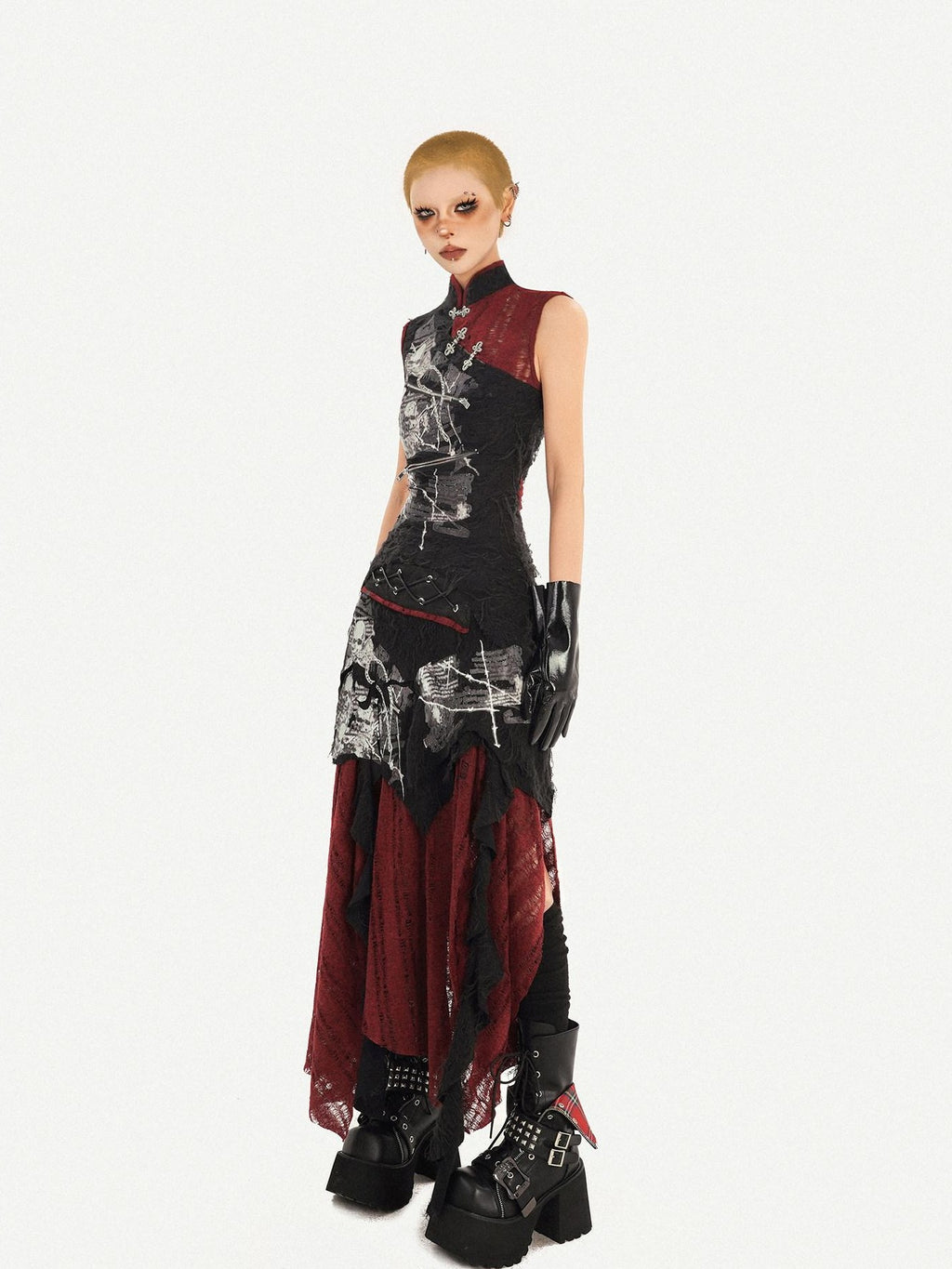 Nico Molly Black Cheongsam Gothic Stand Collar Sleeveless Women's Top & Skirt Sets
