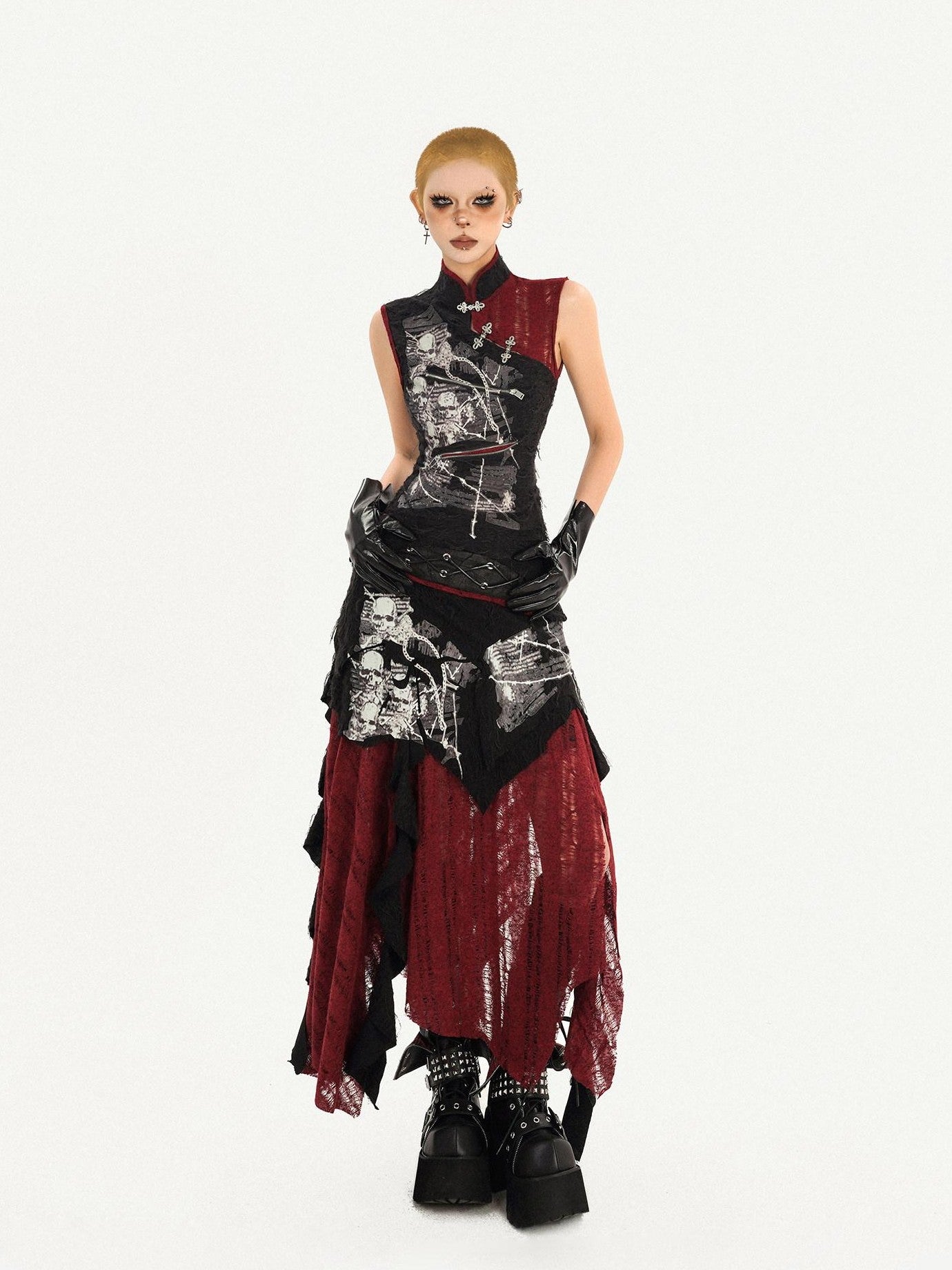Nico Molly Black Cheongsam Gothic Stand Collar Sleeveless Women's Top & Skirt Sets