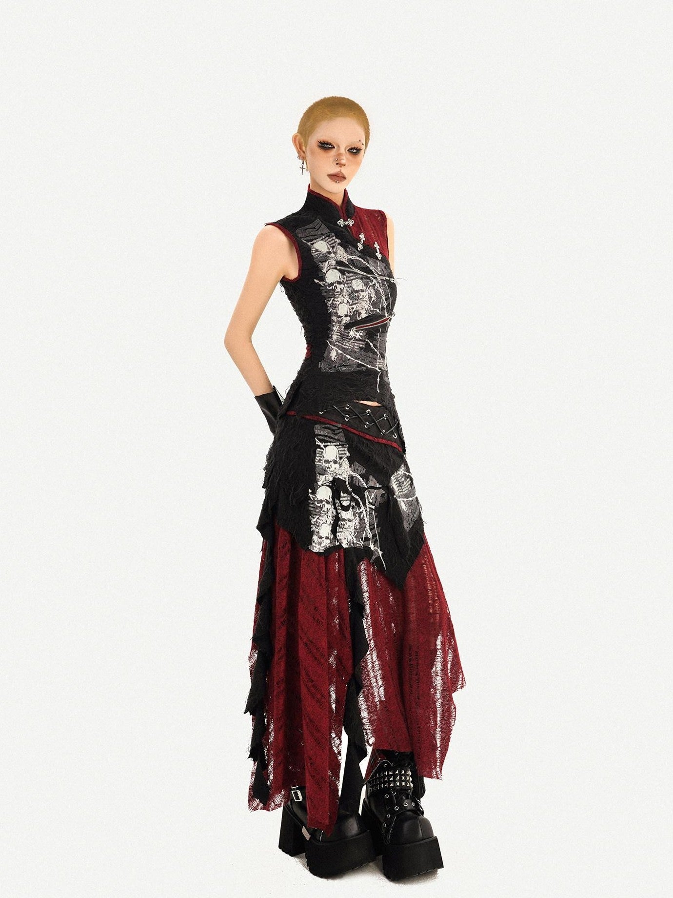 Nico Molly Black Cheongsam Gothic Stand Collar Sleeveless Women's Top & Skirt Sets