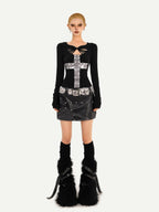 Nico Molly Black Cross Cutout Slim Fit Round Neck Women's Long Sleeve T-shirts