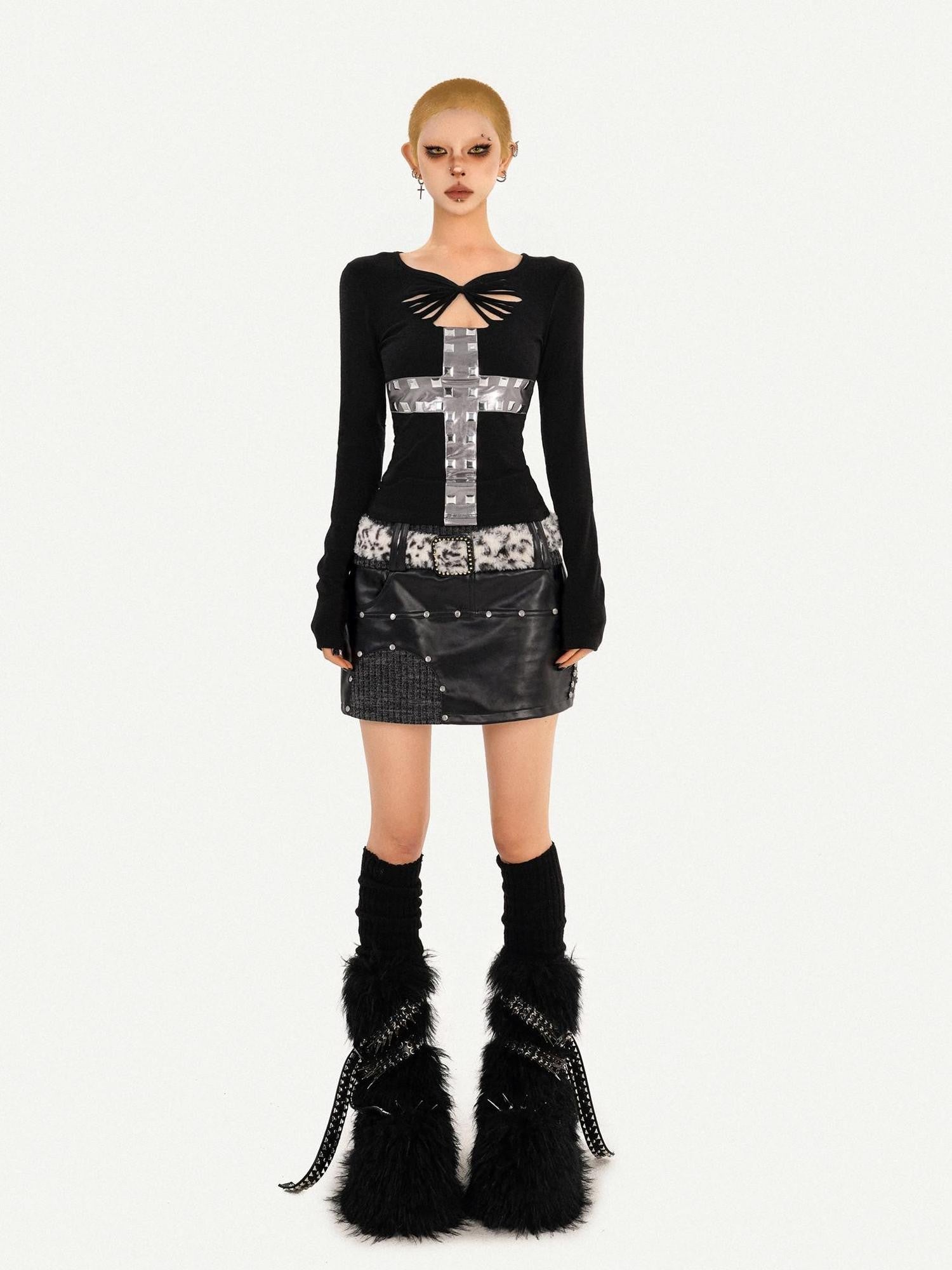 Nico Molly Black Cross Cutout Slim Fit Round Neck Women's Long Sleeve T-shirts