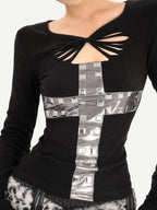 Nico Molly Black Cross Cutout Slim Fit Round Neck Women's Long Sleeve T-shirts