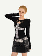 Nico Molly Black Cross Cutout Slim Fit Round Neck Women's Long Sleeve T-shirts