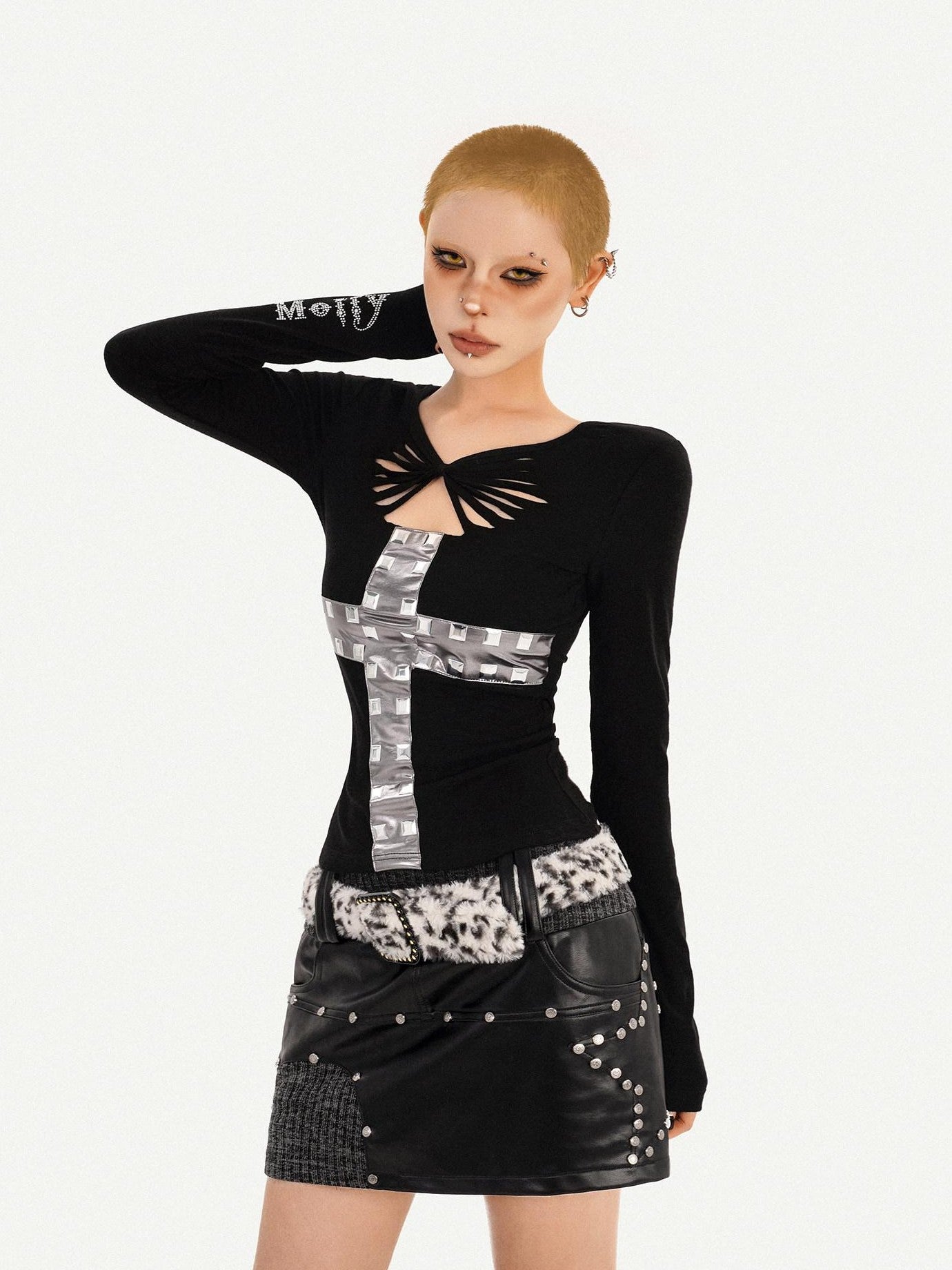 Nico Molly Black Cross Cutout Slim Fit Round Neck Women's Long Sleeve T-shirts