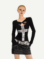 Nico Molly Black Cross Cutout Slim Fit Round Neck Women's Long Sleeve T-shirts