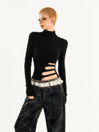 Nico Molly Black Cutout Distressed Mock Neck Slim Women's Long Sleeve T-shirts