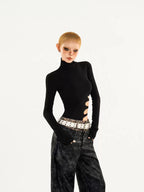Nico Molly Black Cutout Distressed Mock Neck Slim Women's Long Sleeve T-shirts