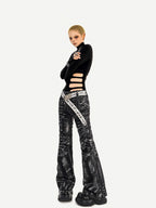 Nico Molly Black Cutout Distressed Mock Neck Slim Women's Long Sleeve T-shirts