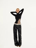 Nico Molly Black Cutout Distressed Mock Neck Slim Women's Long Sleeve T-shirts