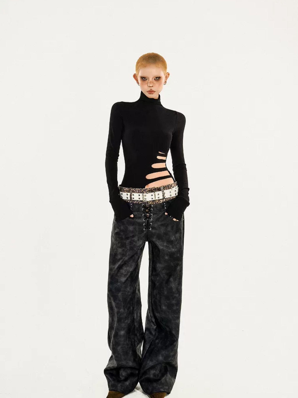 Nico Molly Black Cutout Distressed Mock Neck Slim Women's Long Sleeve T-shirts