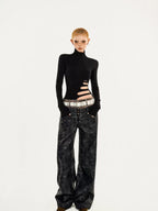 Nico Molly Black Cutout Distressed Mock Neck Slim Women's Long Sleeve T-shirts