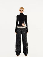 Nico Molly Black Cutout Distressed Mock Neck Slim Women's Long Sleeve T-shirts