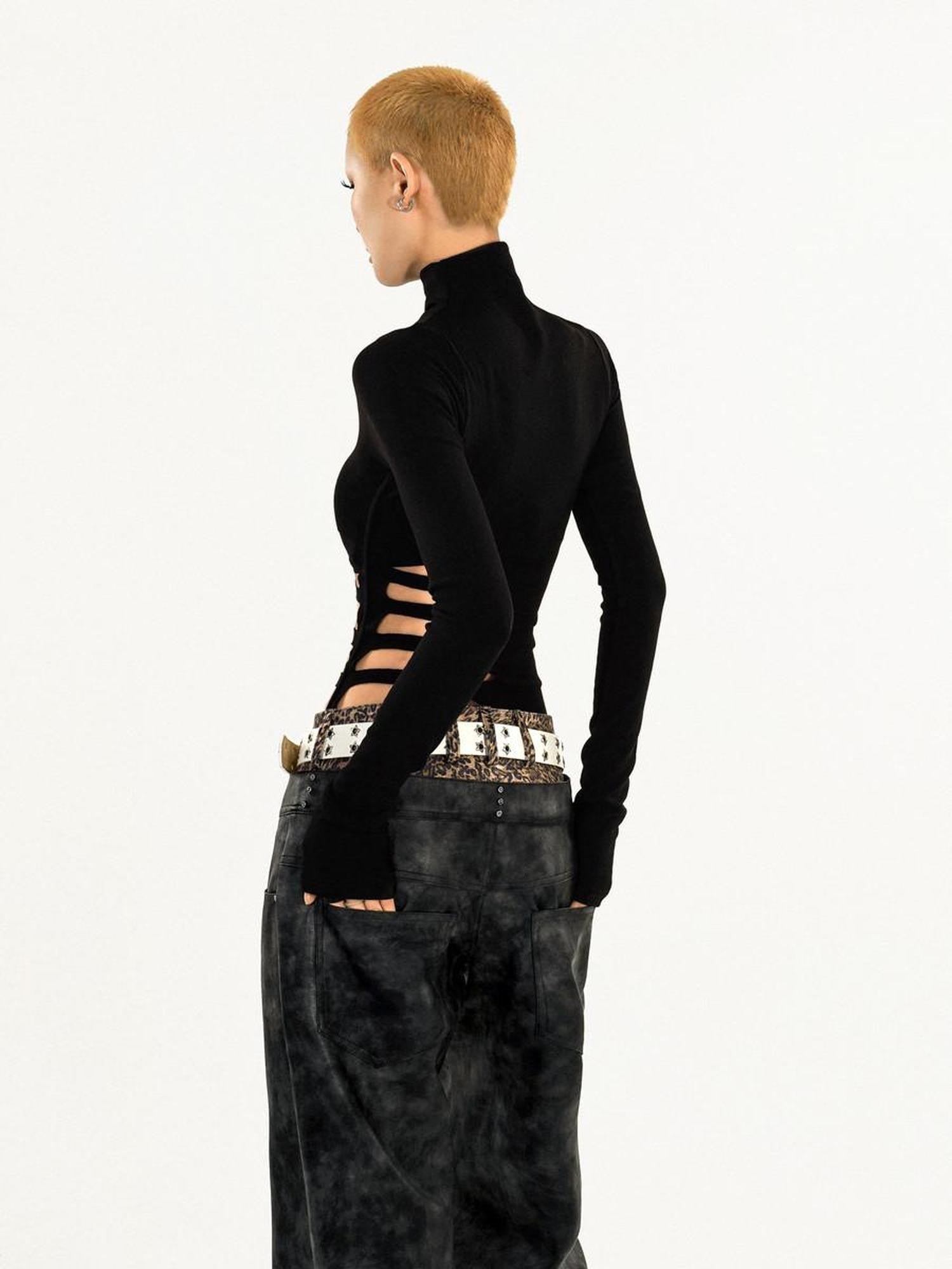 Nico Molly Black Cutout Distressed Mock Neck Slim Women's Long Sleeve T-shirts