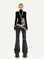 Nico Molly Black Cutout Distressed Mock Neck Slim Women's Long Sleeve T-shirts