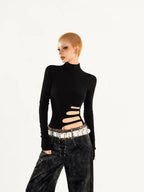Nico Molly Black Cutout Distressed Mock Neck Slim Women's Long Sleeve T-shirts
