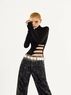 Nico Molly Black Cutout Distressed Mock Neck Slim Women's Long Sleeve T-shirts