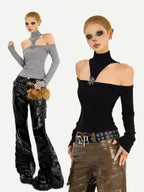 Nico Molly Black Cutout Halter Off Shoulder Women's Cotton Blend Long Sleeve T-shirts