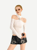 Nico Molly Black Cutout Halter Off Shoulder Women's Cotton Blend Long Sleeve T-shirts