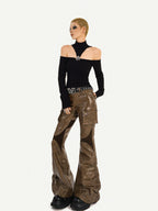 Nico Molly Black Cutout Halter Off Shoulder Women's Cotton Blend Long Sleeve T-shirts