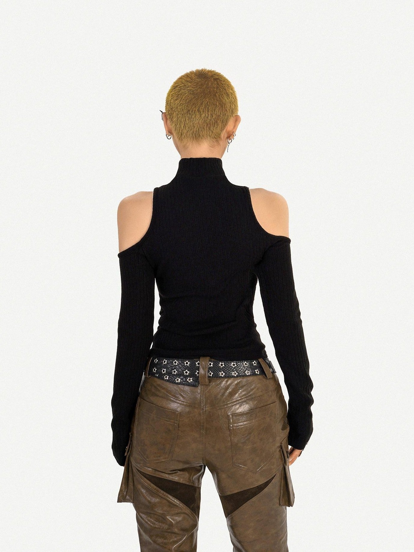 Nico Molly Black Cutout Halter Off Shoulder Women's Cotton Blend Long Sleeve T-shirts