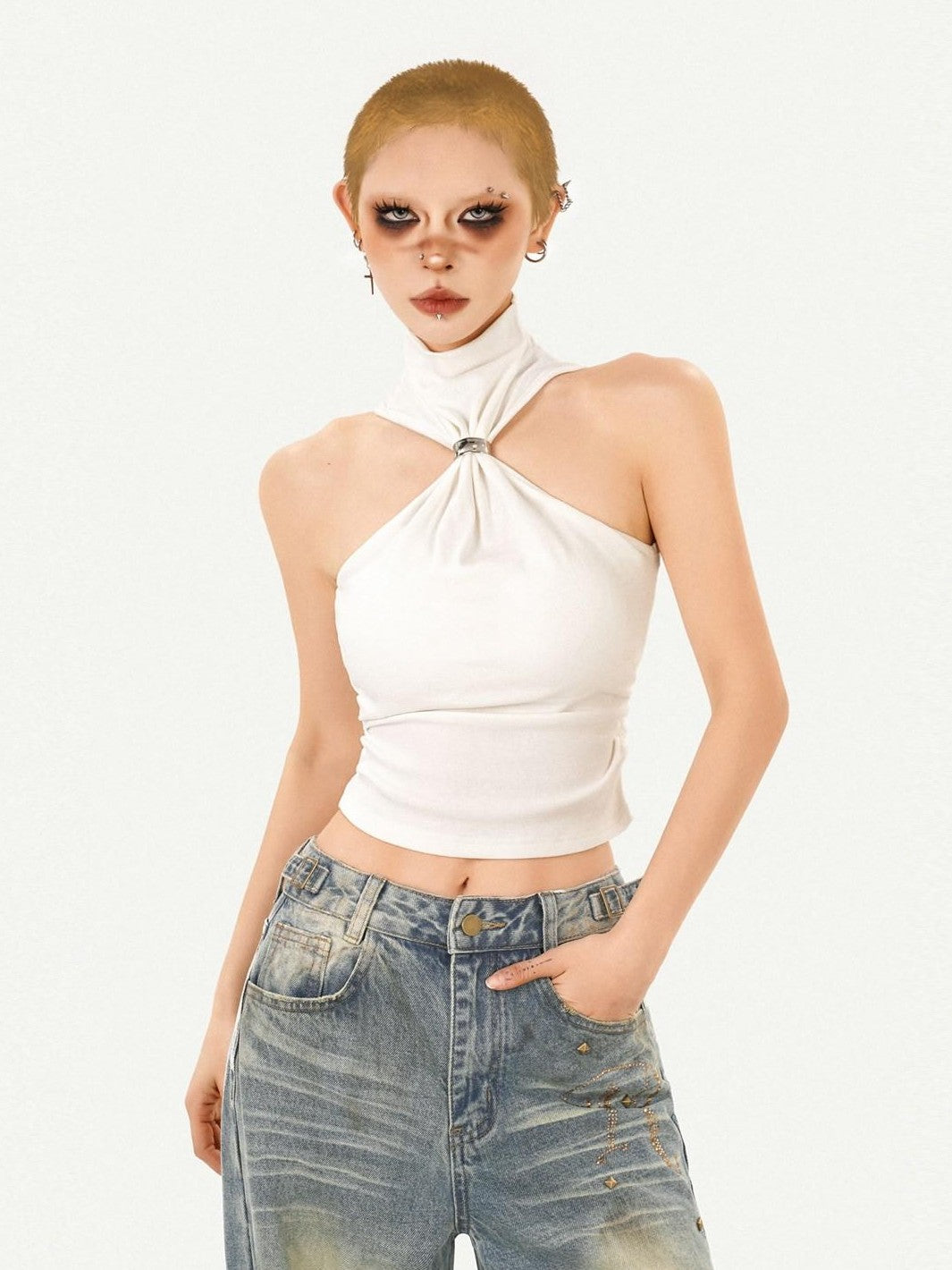 Nico Molly Black Cutout Halter Off Shoulder Women's Cotton Blend Long Sleeve T-shirts