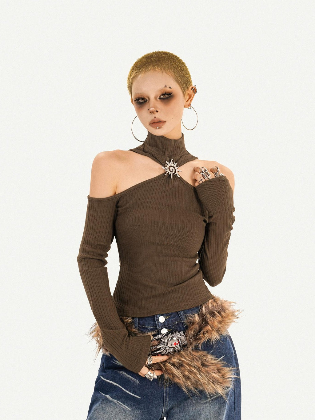 Nico Molly Black Cutout Halter Off Shoulder Women's Cotton Blend Long Sleeve T-shirts