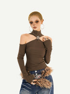 Nico Molly Black Cutout Halter Off Shoulder Women's Cotton Blend Long Sleeve T-shirts