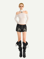 Nico Molly Black Cutout Halter Off Shoulder Women's Cotton Blend Long Sleeve T-shirts