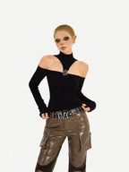 Nico Molly Black Cutout Halter Off Shoulder Women's Cotton Blend Long Sleeve T-shirts