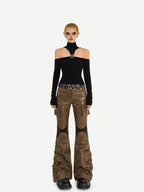 Nico Molly Black Cutout Halter Off Shoulder Women's Cotton Blend Long Sleeve T-shirts