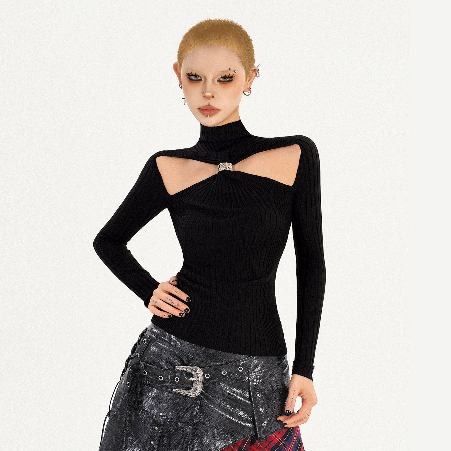 Nico_Molly_Black_Cutout_Knit_High_Neck_Slim_Women's_Long_Sleeve_T-shirts_1007725261388_MISSTT