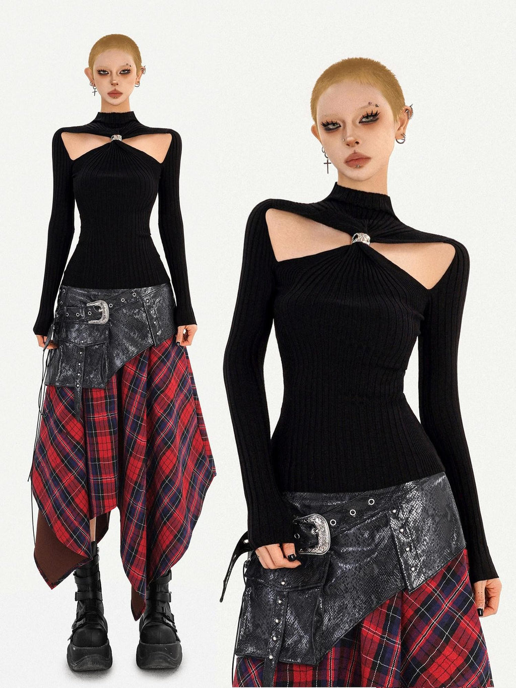 Nico Molly Black Cutout Knit High Neck Slim Women's Long Sleeve T-shirts