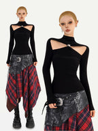 Nico Molly Black Cutout Knit High Neck Slim Women's Long Sleeve T-shirts