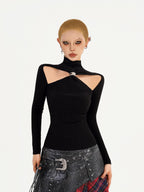 Nico Molly Black Cutout Knit High Neck Slim Women's Long Sleeve T-shirts