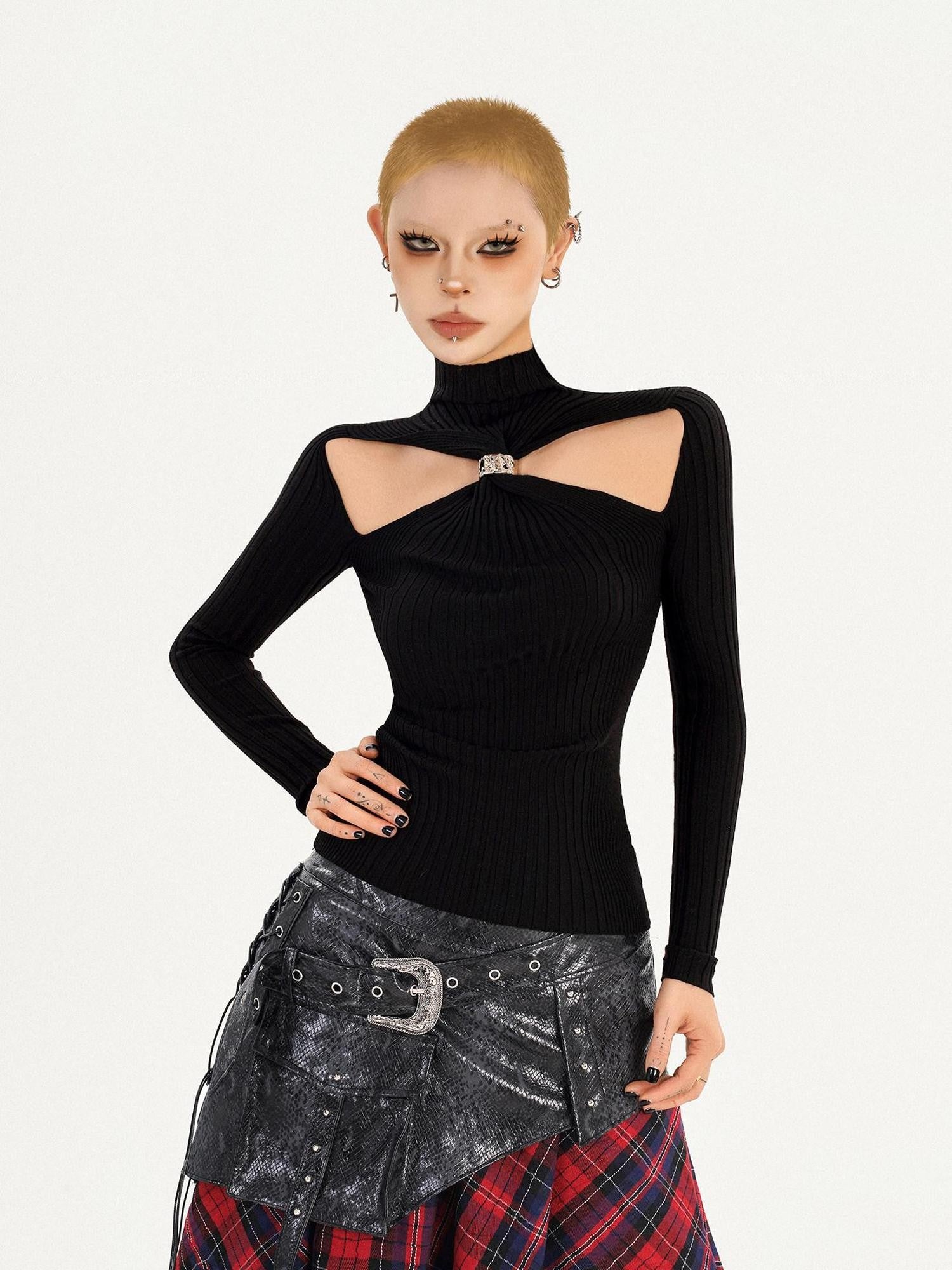 Nico Molly Black Cutout Knit High Neck Slim Women's Long Sleeve T-shirts