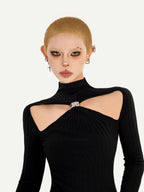 Nico Molly Black Cutout Knit High Neck Slim Women's Long Sleeve T-shirts