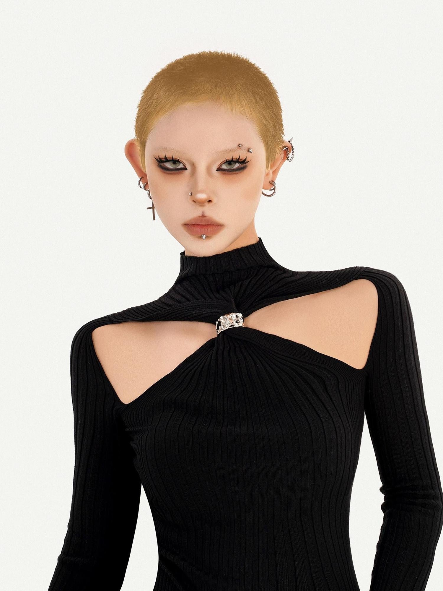 Nico Molly Black Cutout Knit High Neck Slim Women's Long Sleeve T-shirts