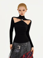 Nico Molly Black Cutout Knit High Neck Slim Women's Long Sleeve T-shirts