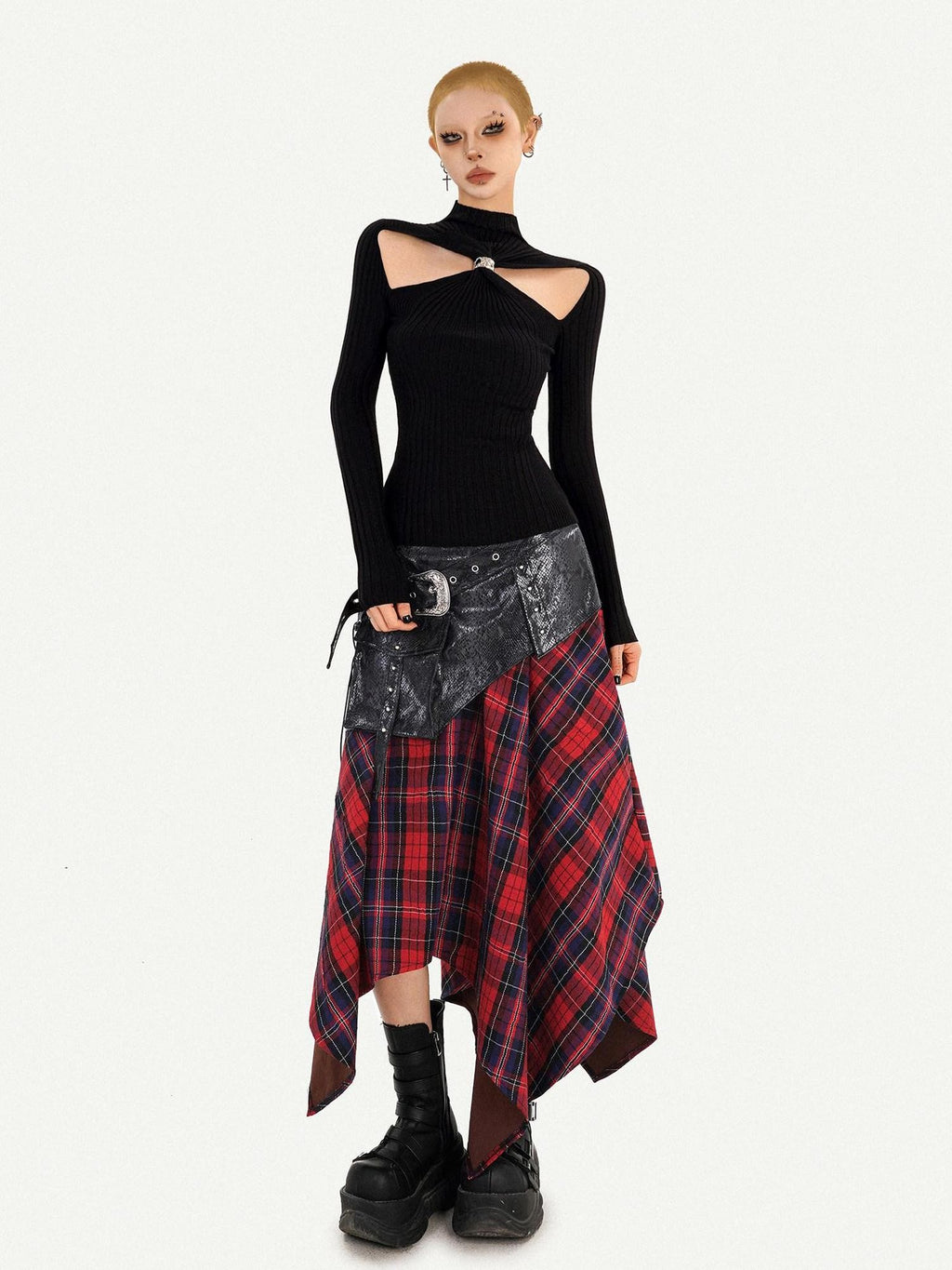 Nico Molly Black Cutout Knit High Neck Slim Women's Long Sleeve T-shirts