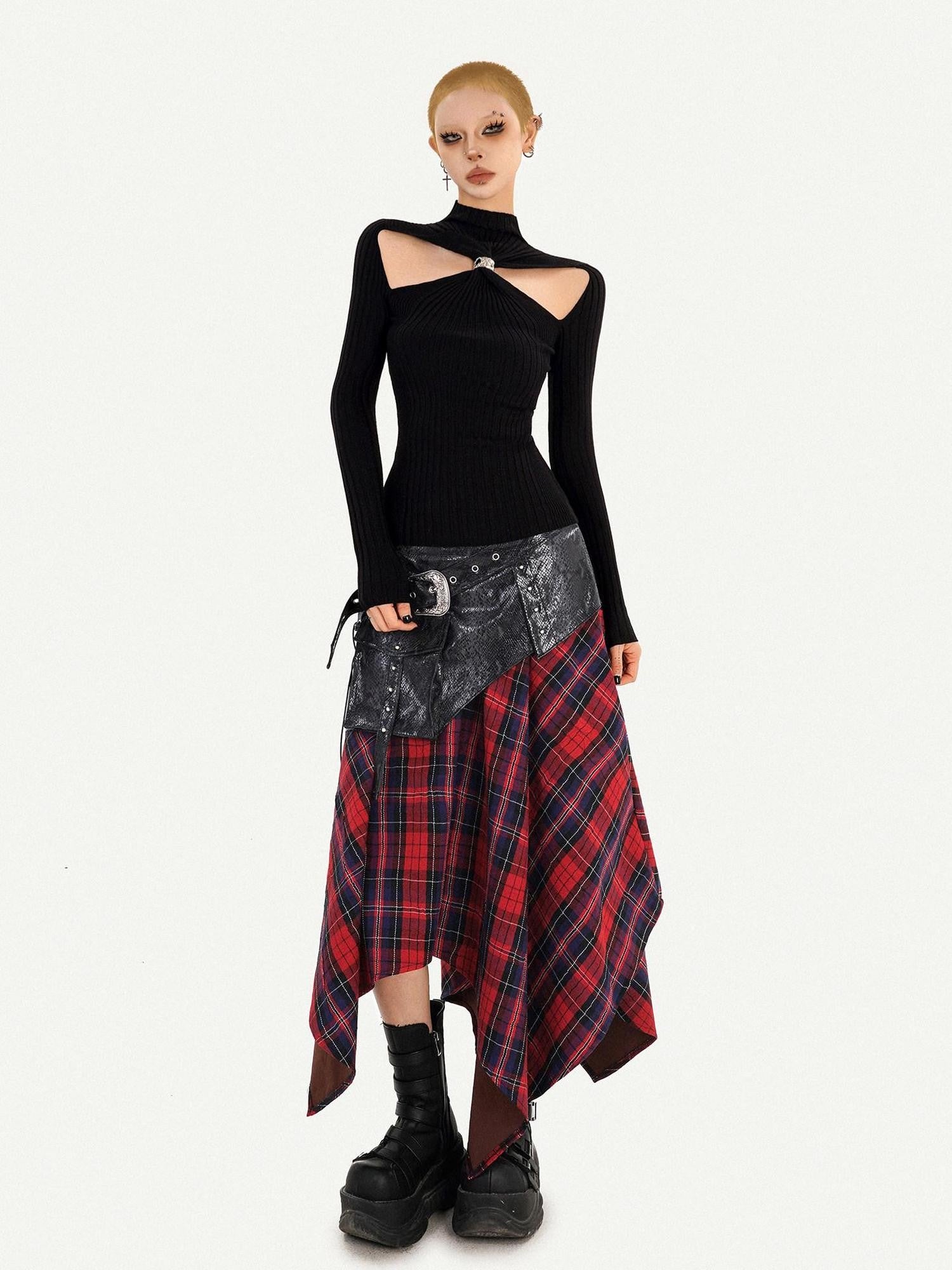 Nico Molly Black Cutout Knit High Neck Slim Women's Long Sleeve T-shirts